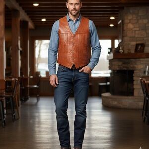 Western Men’s Brown Leather Vest Size 44 Made in Mexico Snap Buttons